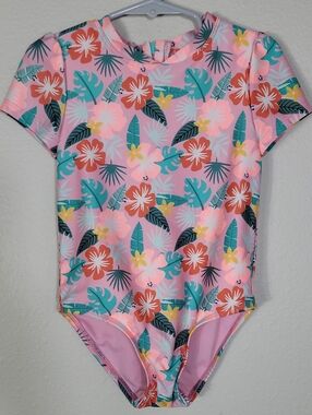 Cat & Jack Girls Floral One Piece Swimsuit Size 5T Short Sleeve Zip Back Beach